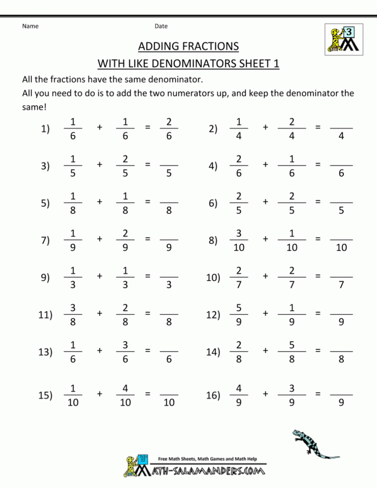 Addition Of Dissimilar Fractions Worksheets Grade 5