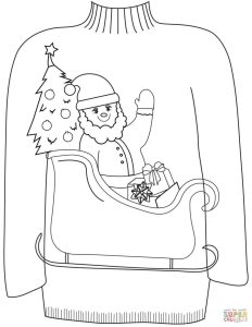 Christmas Ugly Sweater with a Sleigh of Santa Claus Motif coloring page