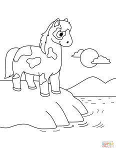 Cute Horse Standing at the Seashore coloring page Free Printable