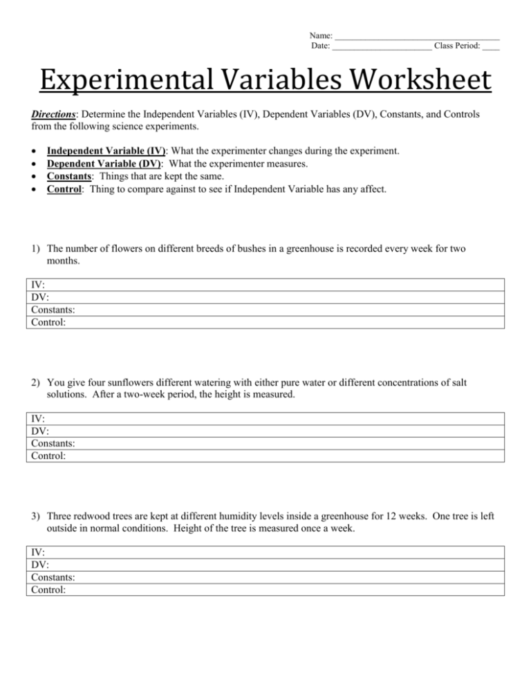 Independent Variables Dependent Variables And Constants Worksheet Answer Key