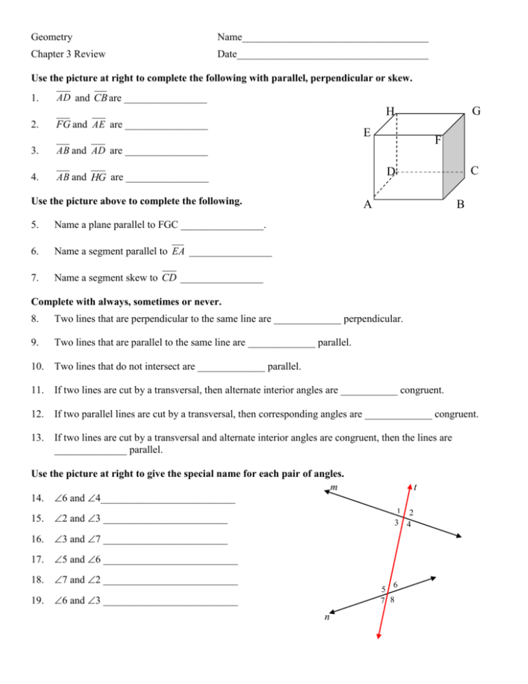 Parallel And Perpendicular Lines Worksheet Answer Key
