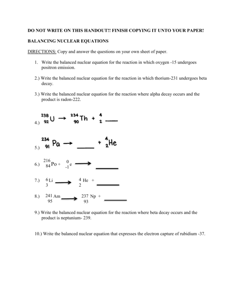 Balance Nuclear Equations Worksheet