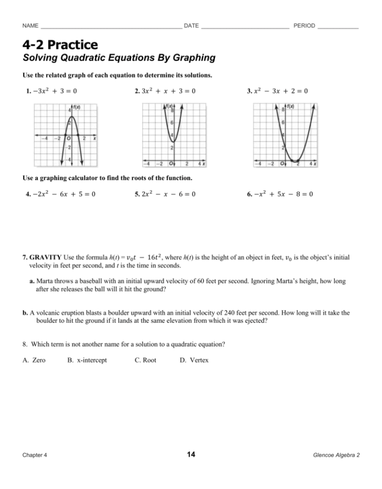 Quadratic Equations Algebra 2 Worksheet