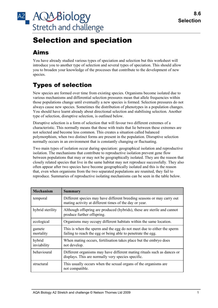 Types Of Selection Worksheet Answer Key
