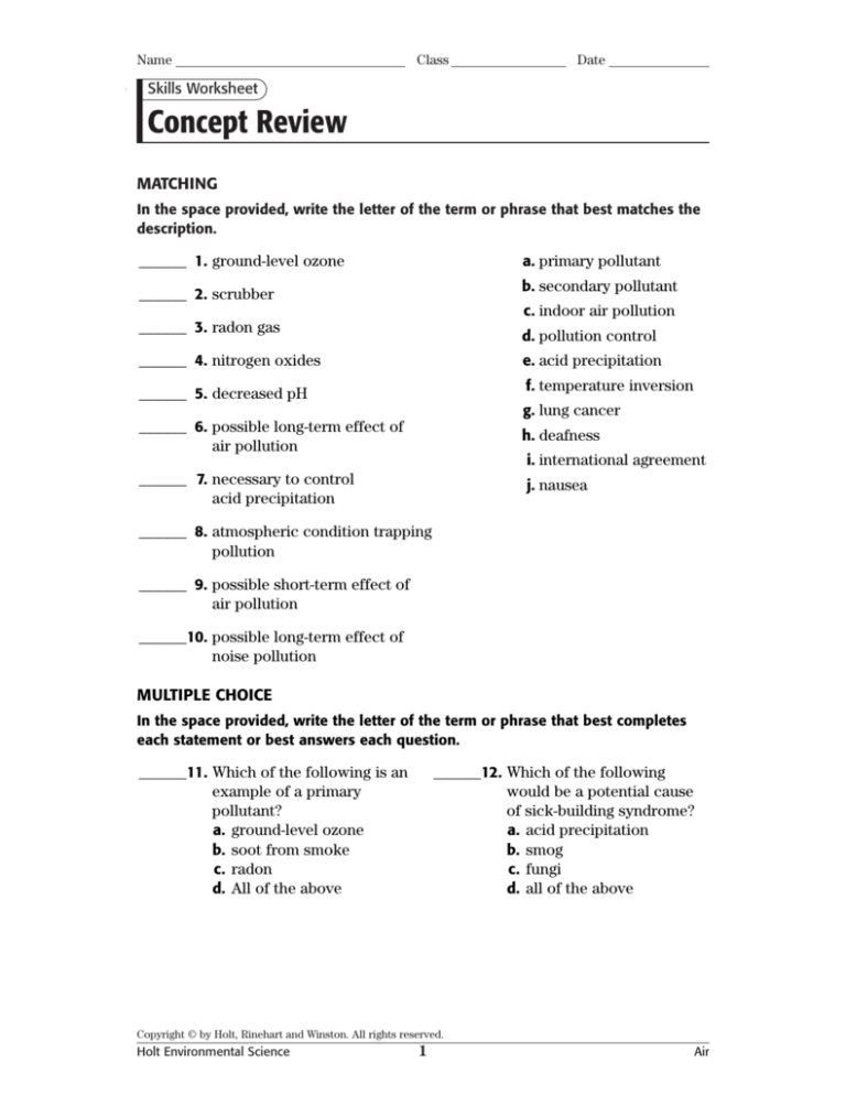 Skills Worksheet Concept Review Answer Key