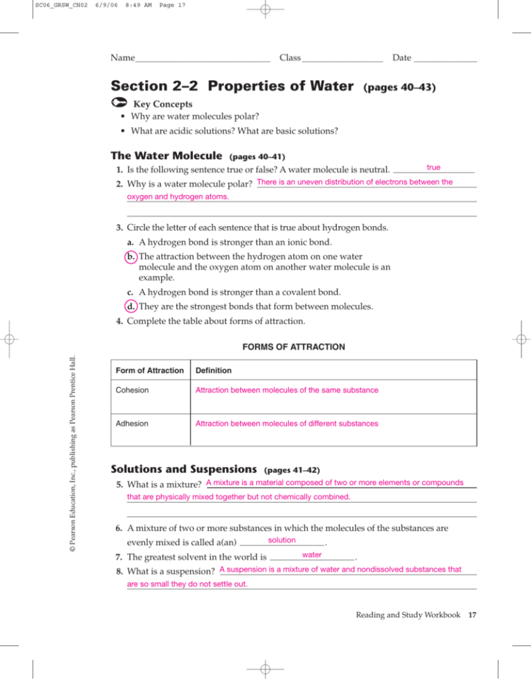 Properties Of Water Worksheet Answer Key