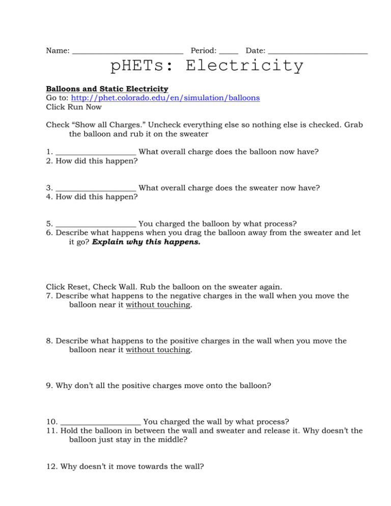 Phet Simulation Static Electricity Worksheet Answer Key