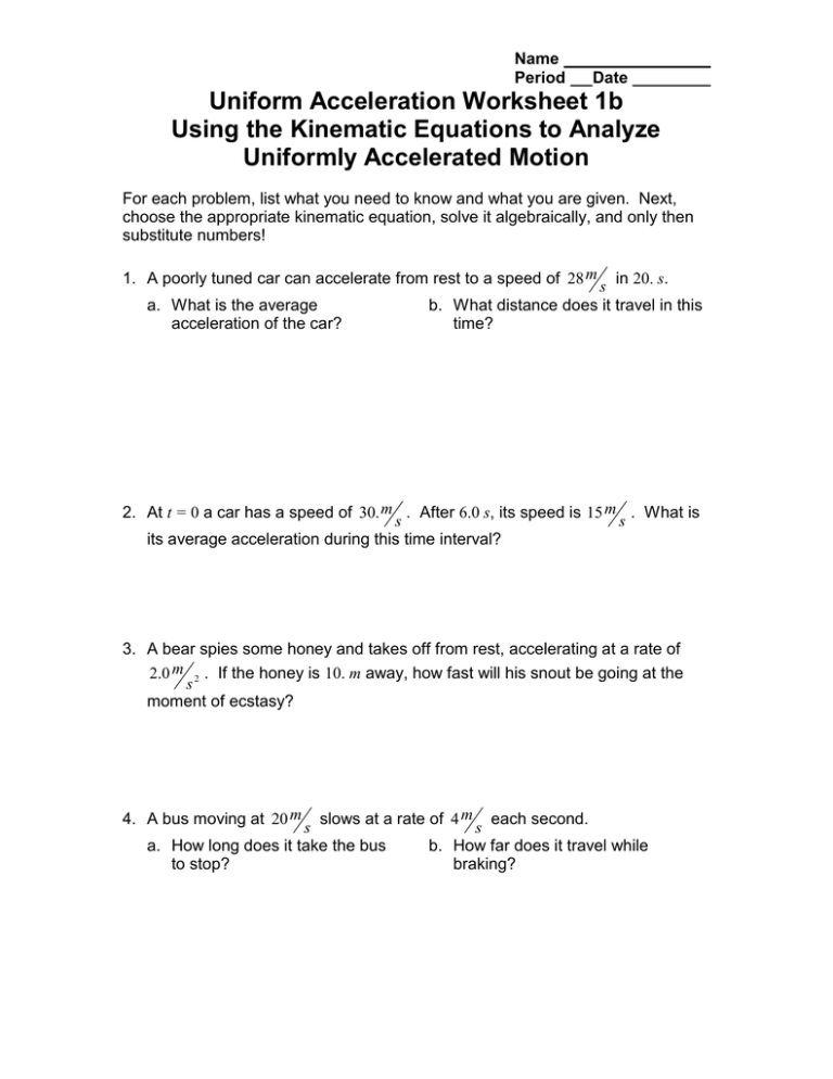 Physics Kinematic Equations Worksheet Answers