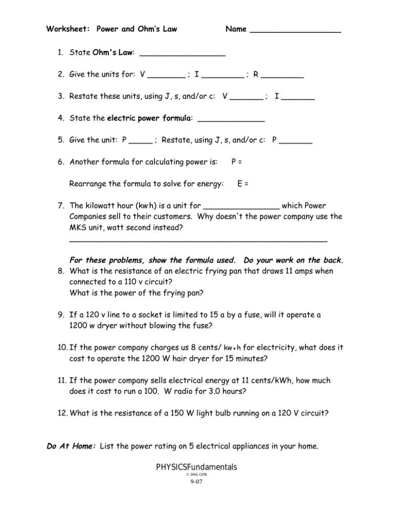 The Cost Of Electricity Worksheet Answer Key