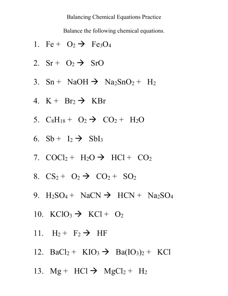 Balancing Equations Chem Worksheet 10 2