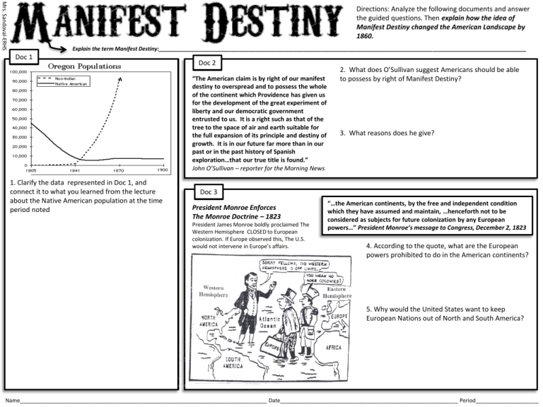 Manifest Destiny Worksheet Answer Key