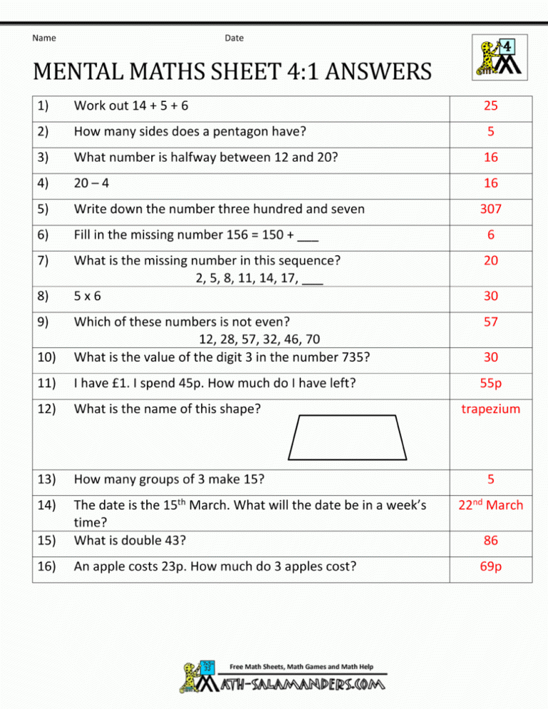 Mental Math Worksheets Grade 4 Pdf