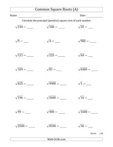The Principal Square Roots (A) Math Worksheet Square roots