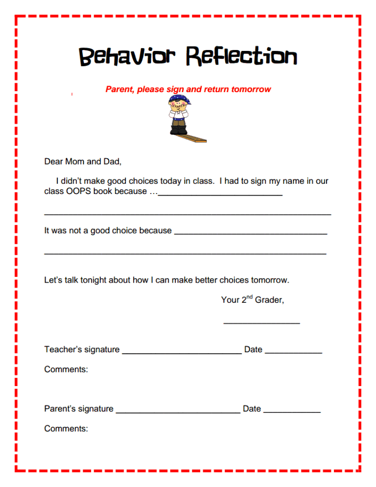 Student Behavior Reflection Sheet Pdf