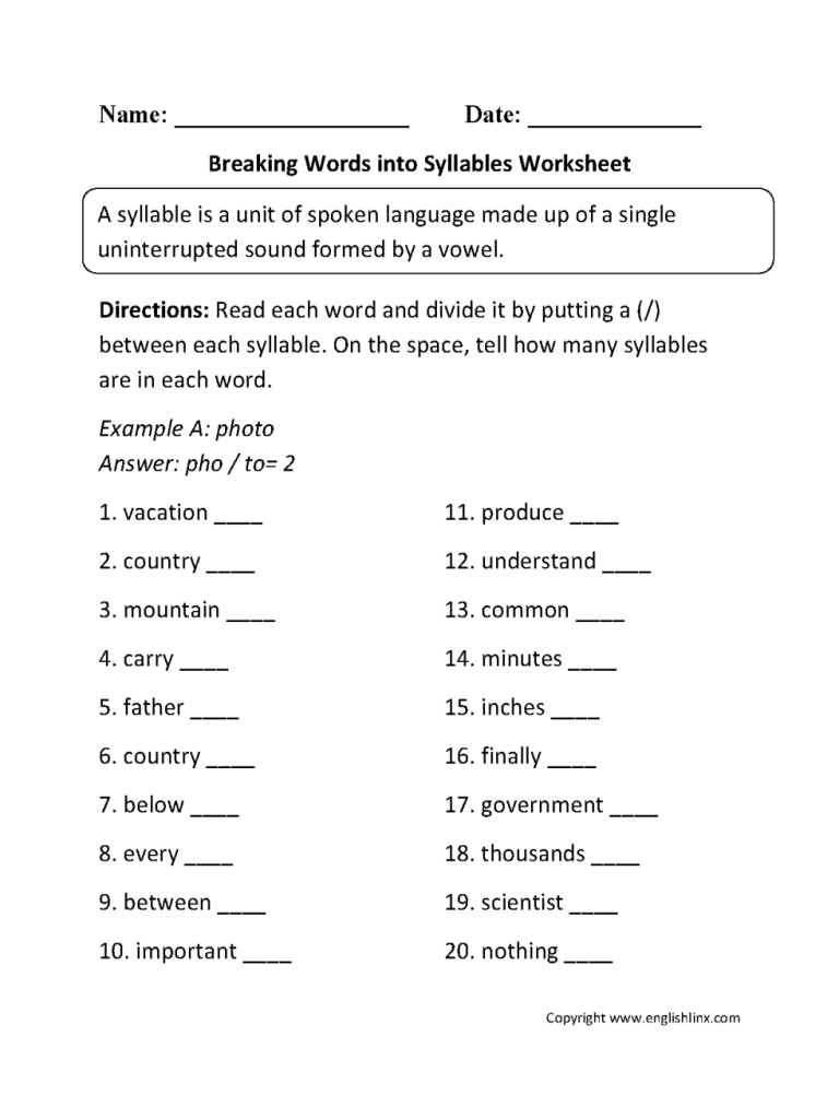 Grade 3 Syllabication Worksheets With Answer Key Pdf
