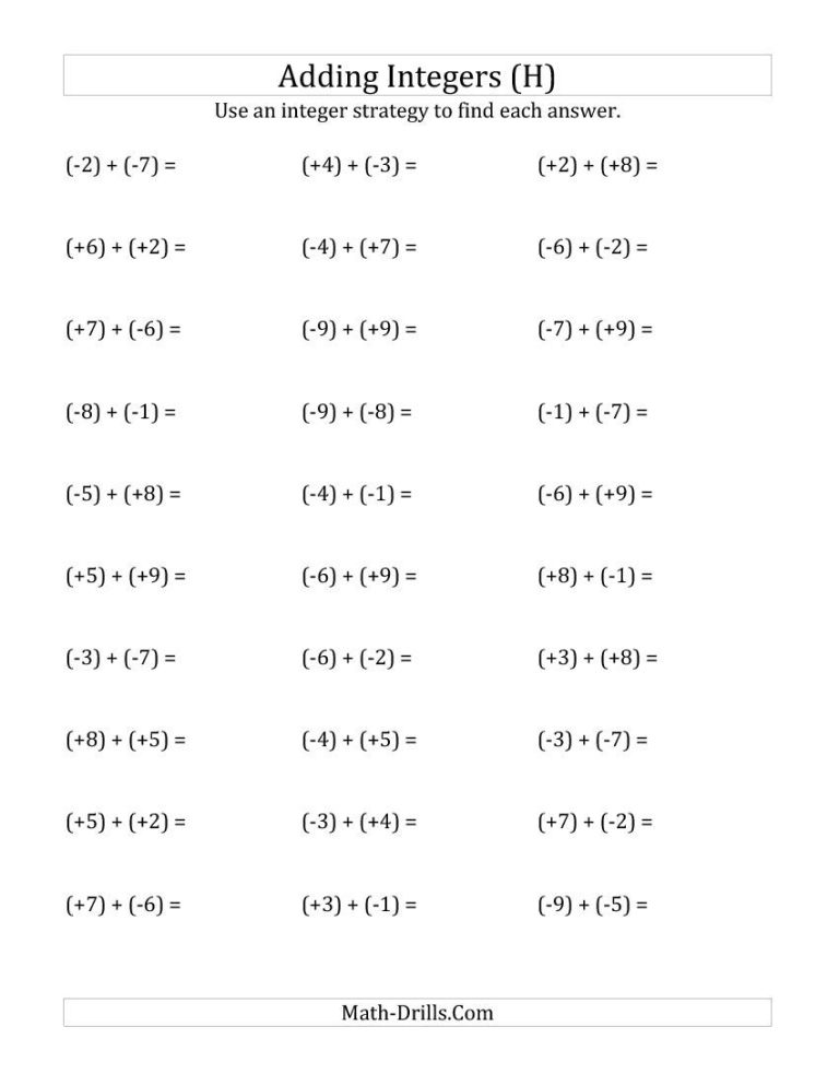 6th Grade Adding And Subtracting Integers Worksheet With Answers Pdf