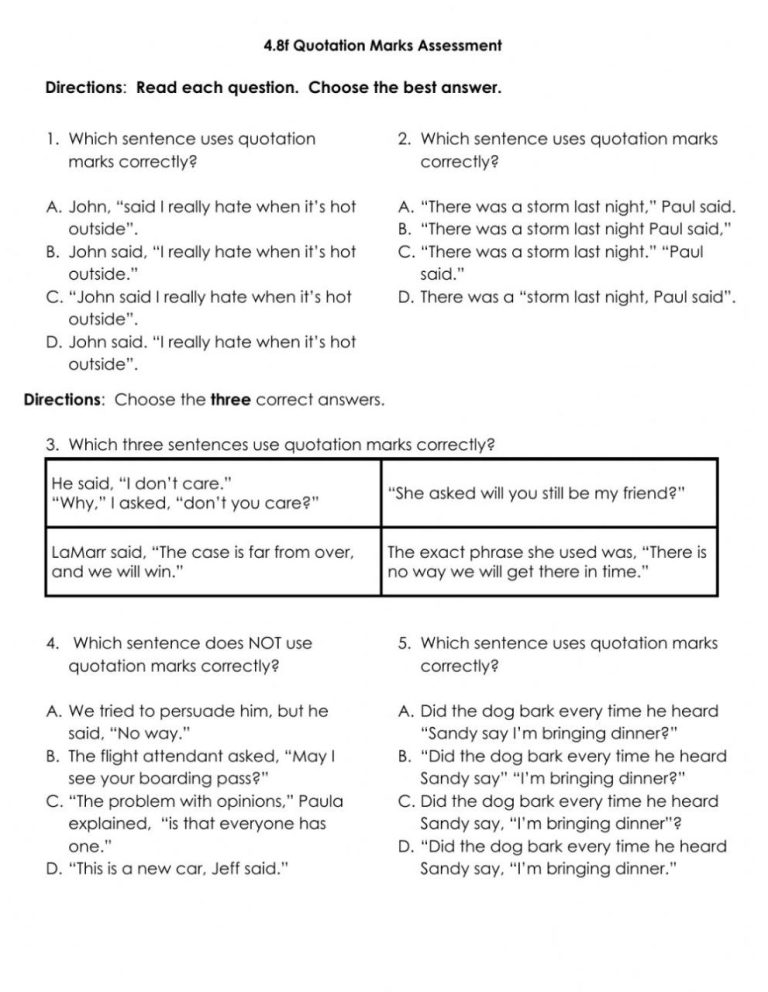 Quotation Marks Worksheets With Answer Key