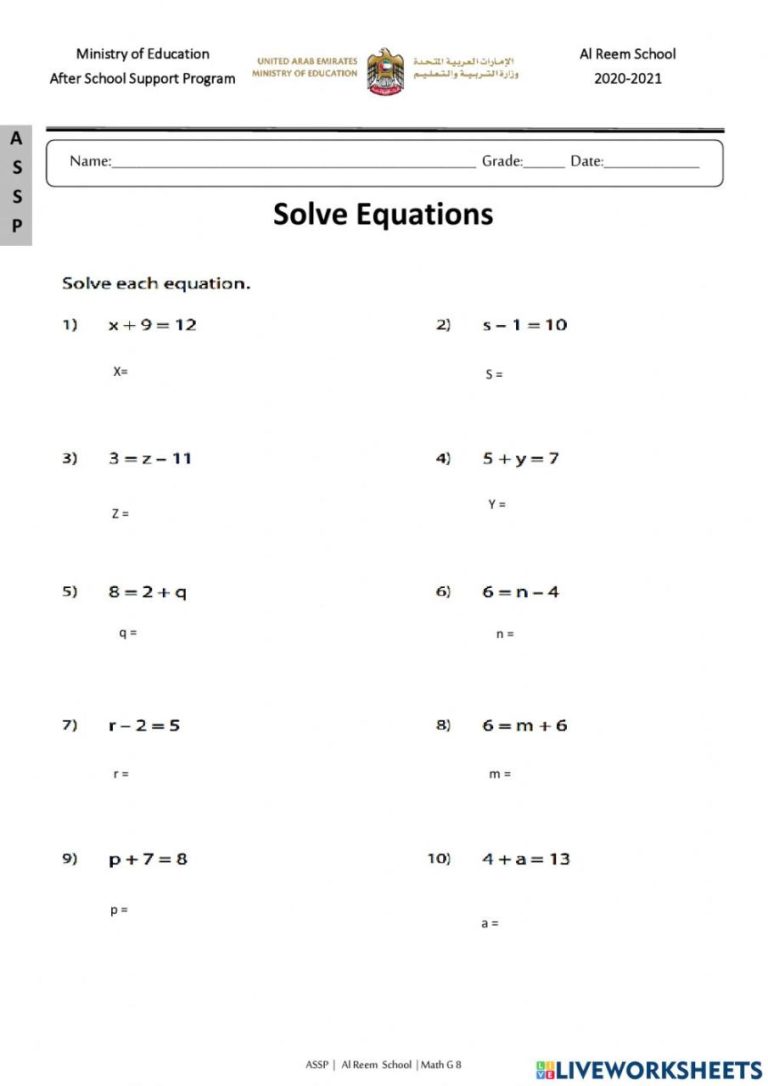 Solve Equations Worksheets