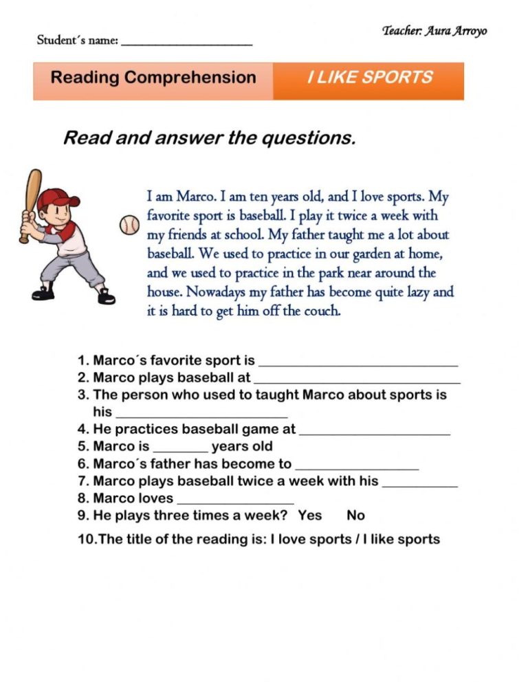 Reading Comprehension Worksheets About Sports