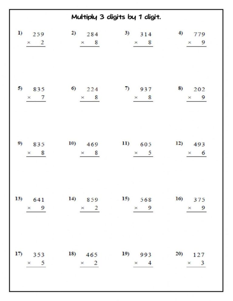Multiplication Worksheets Three Digit By One Digit
