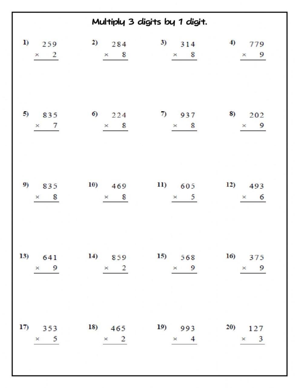 Multiply 3 digits by 1 digit worksheet