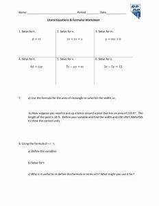 Solve Literal Equations Worksheet solve Literal Equations Worksheet