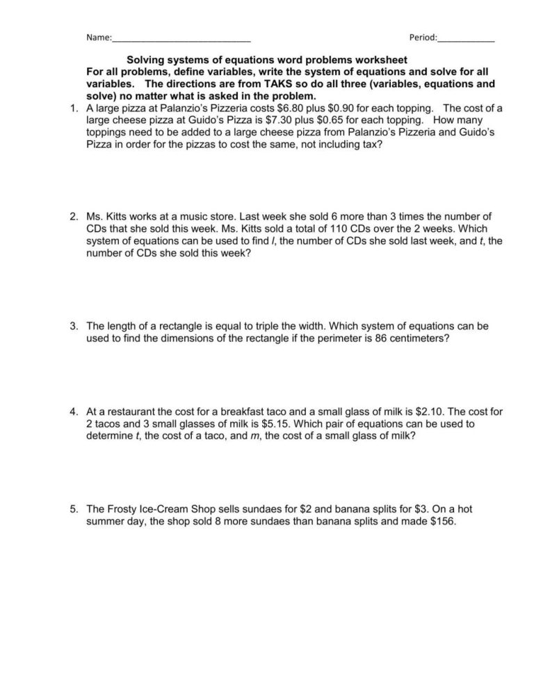 System Of Equations Word Problems Worksheet Pdf