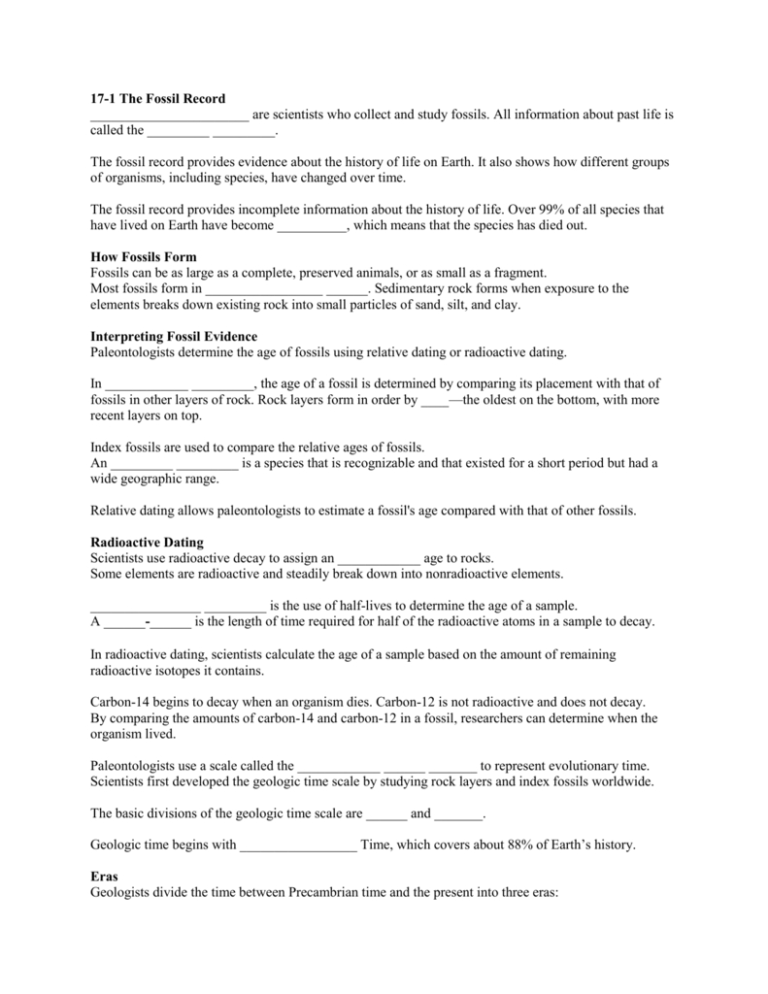 The Fossil Record Worksheet Answer Key