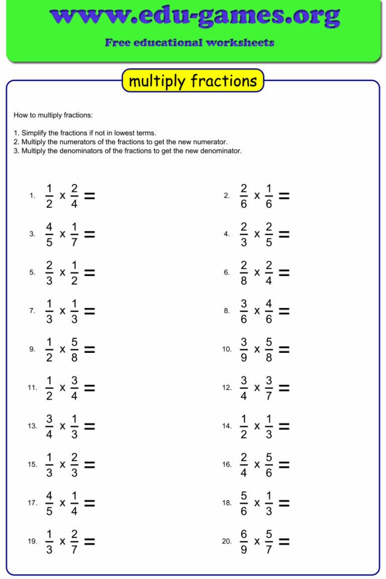 Fraction Multiplication Word Problems Worksheet