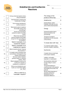 Endothermic And Exothermic Reactions Worksheet With Answers Pdf Key