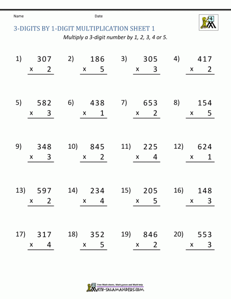 3 Digit By 1 Digit Multiplication Worksheets With Grids