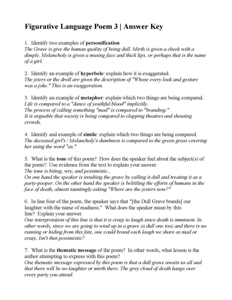 Figurative Language Worksheet 3 Explanations Answers