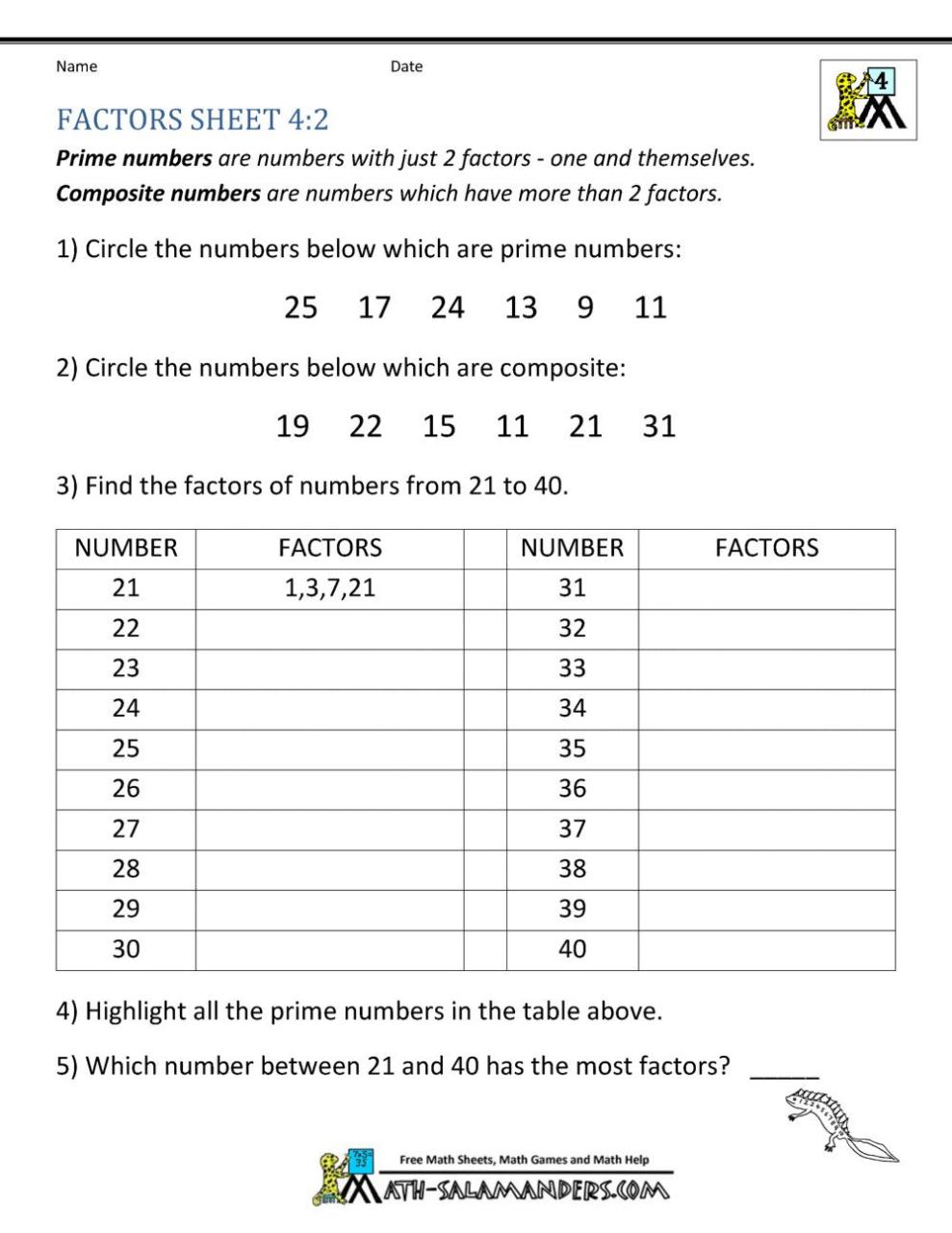 Composite And Prime Numbers Worksheet Pdf