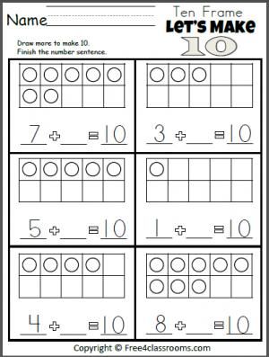 Kindergarten Ten Frame Math Worksheets Free