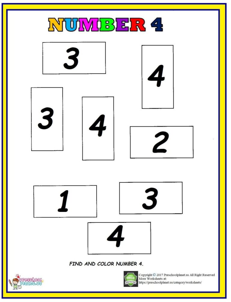 Printable Number 4 Worksheets For Kindergarten