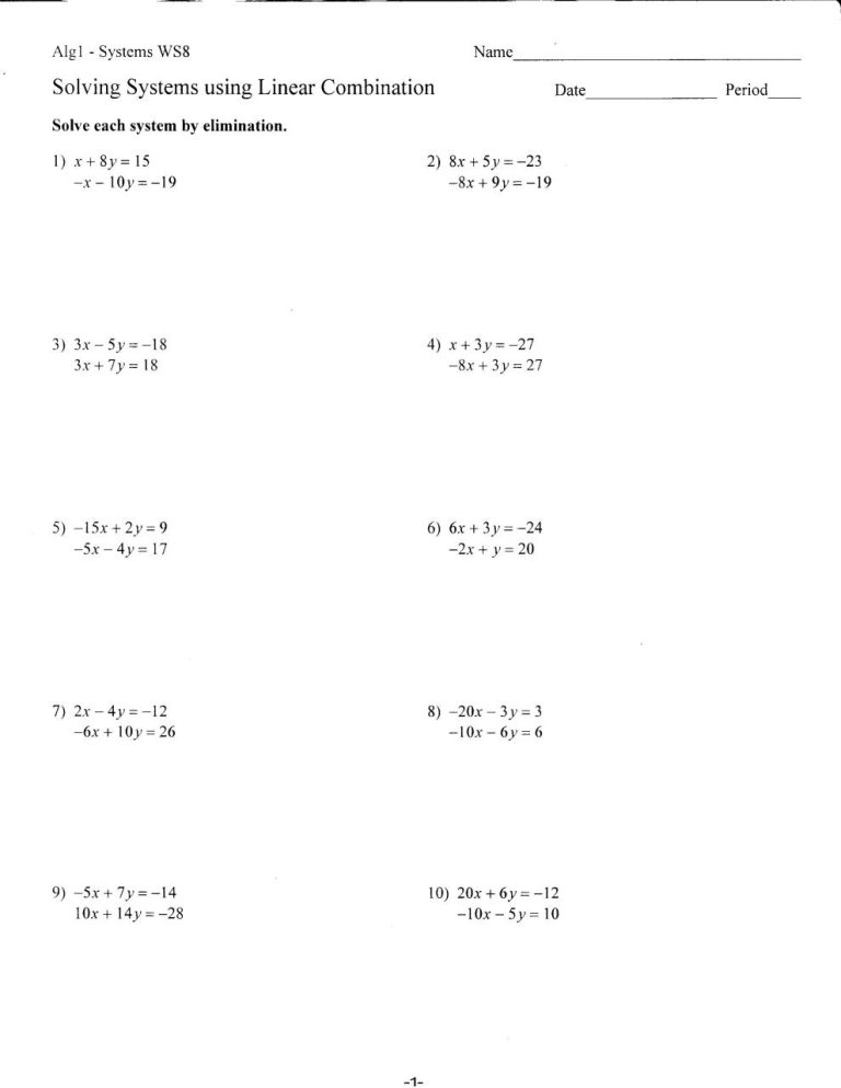 Systems Of Equation Worksheet
