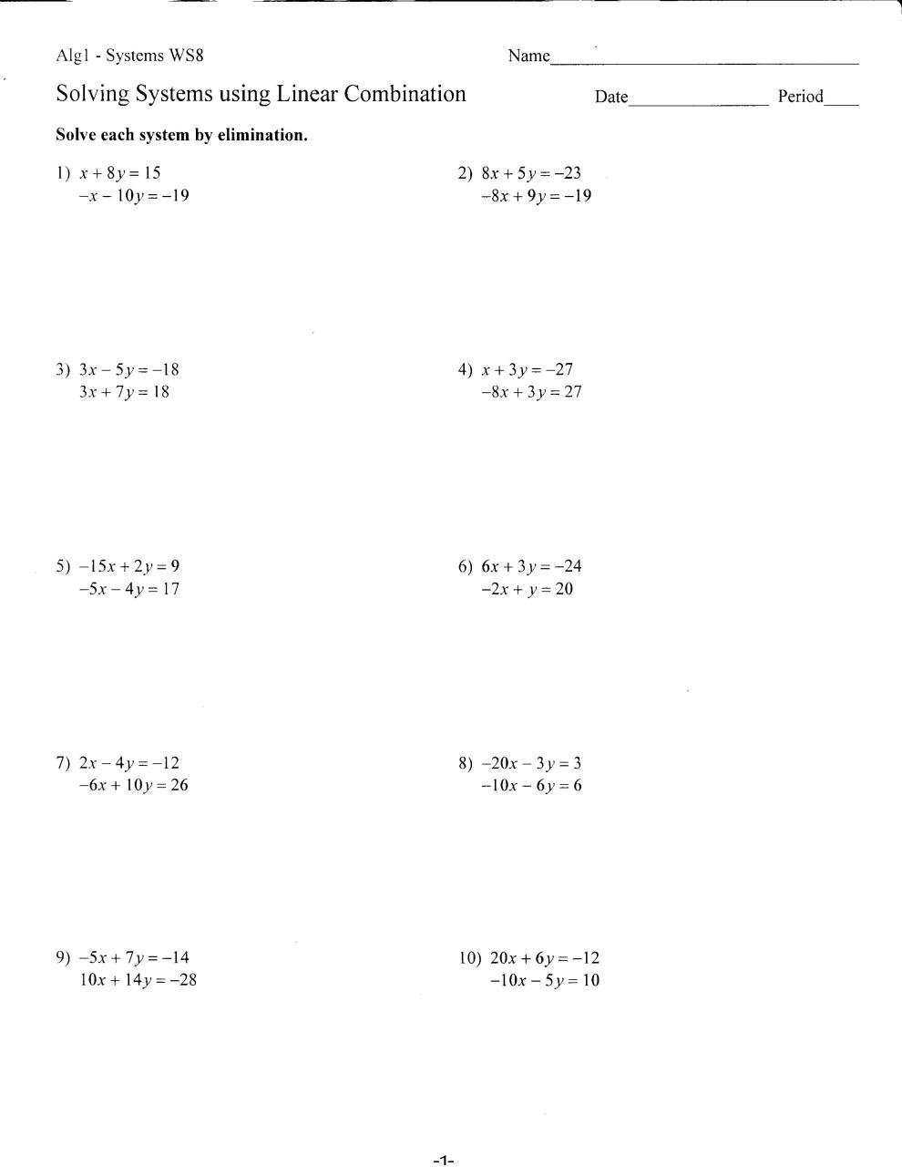 Algebra 1 Elimination Using Multiplication Worksheet Answers Times
