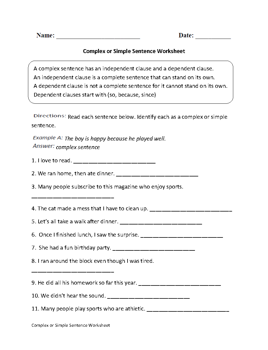 Simple And Compound Sentence Worksheet Grade 3