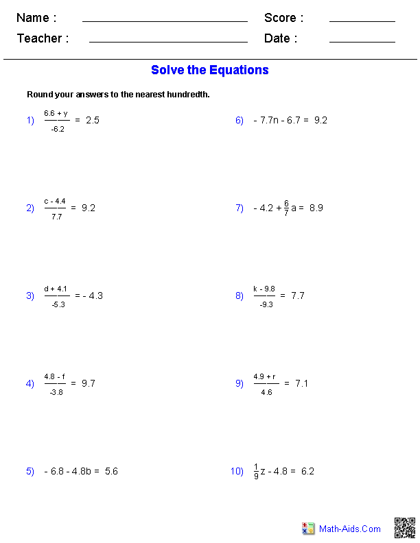 Algebra 10th Grade Math Worksheets
