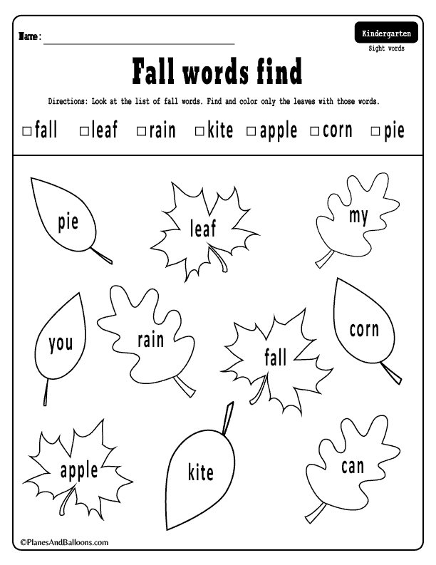 Fall Worksheets For Kindergarten Printable