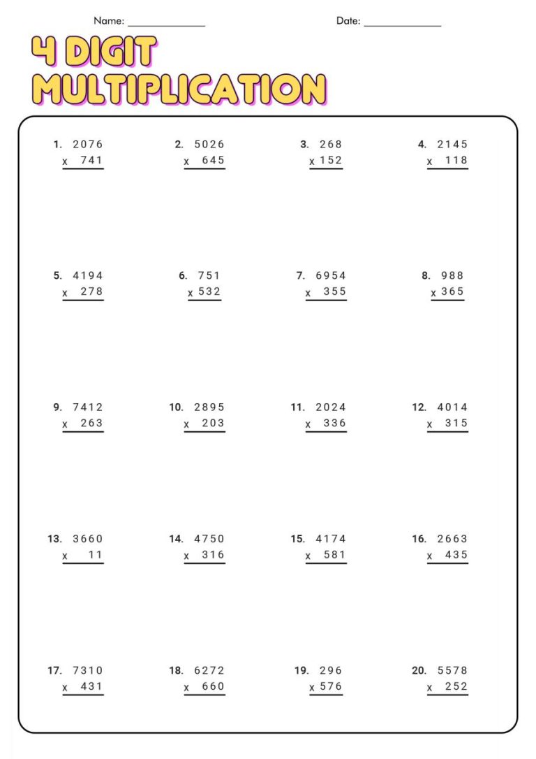 Four Digit Multiplication Worksheets