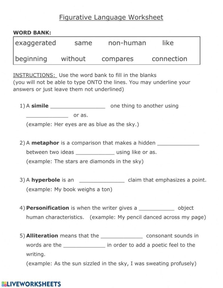Figurative Language Reading Comprehension Worksheets