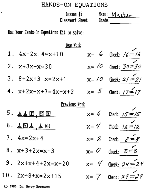 Hands-On Equations Worksheets