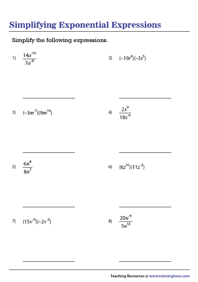 Simplifying Expressions With Negative Exponents Worksheet