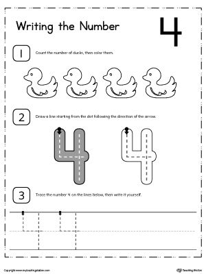 Writing Number 4 Worksheets For Kindergarten