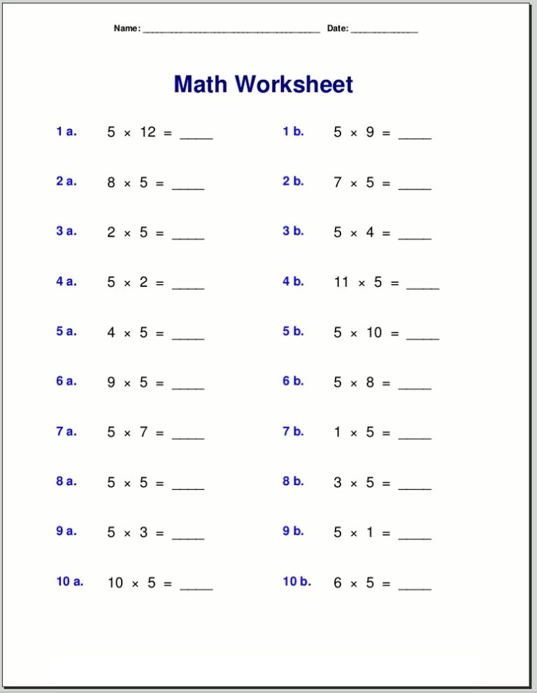 Multiplication Of 5 Worksheets