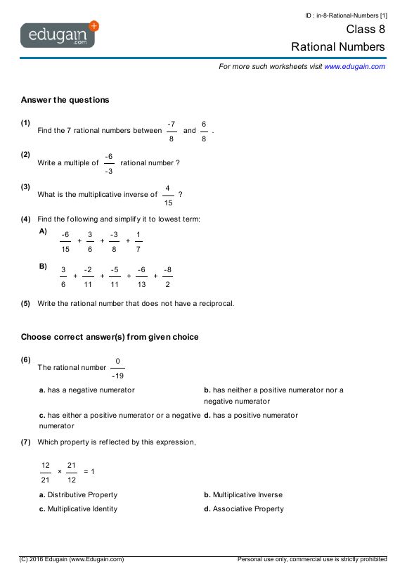 Class 8 Rational Numbers Worksheet Pdf