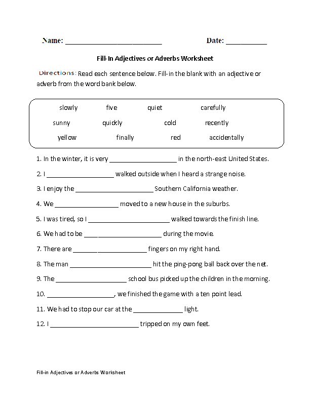 6th Grade Noun Verb Adjective Adverb Worksheet With Answers