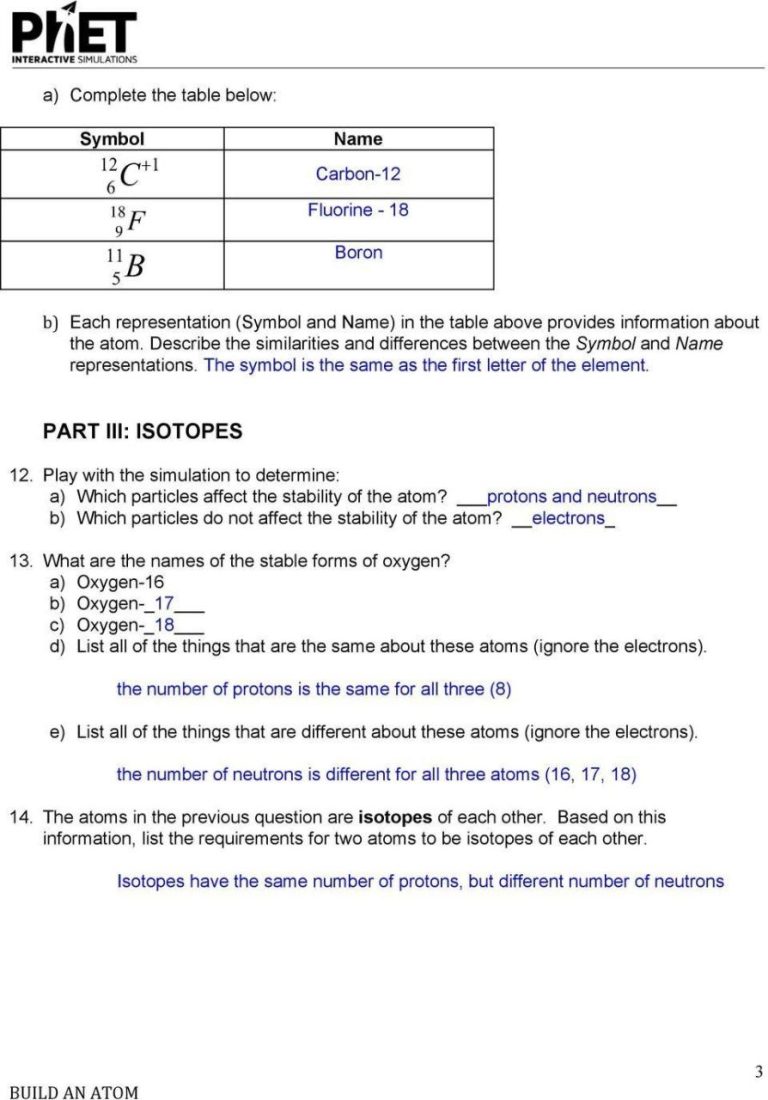 Atomic Basics Worksheet Answers Part C