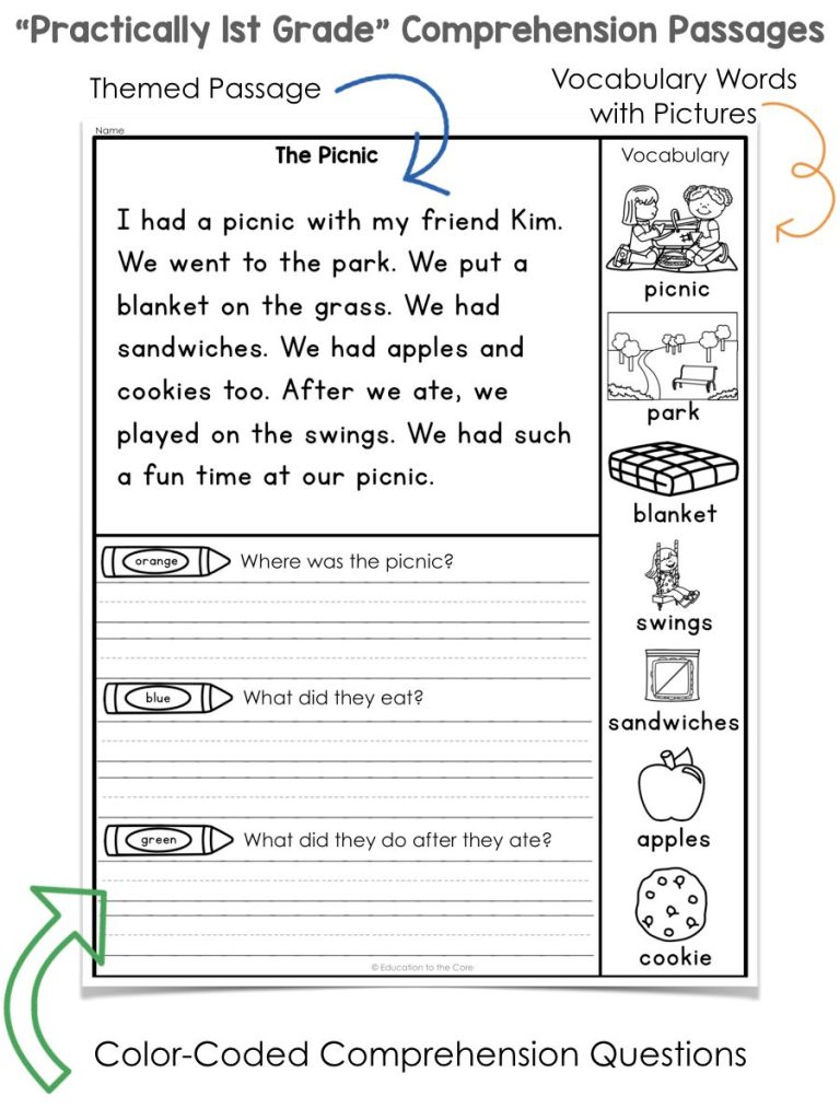 Reading Comprehension Printable First Grade Worksheets